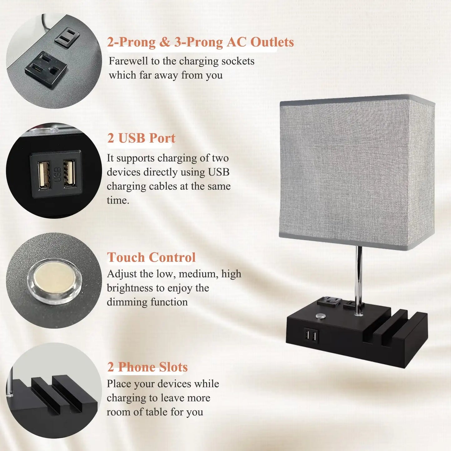 SZRSTH Bedside Table Lamp With Dual USB Charging Ports