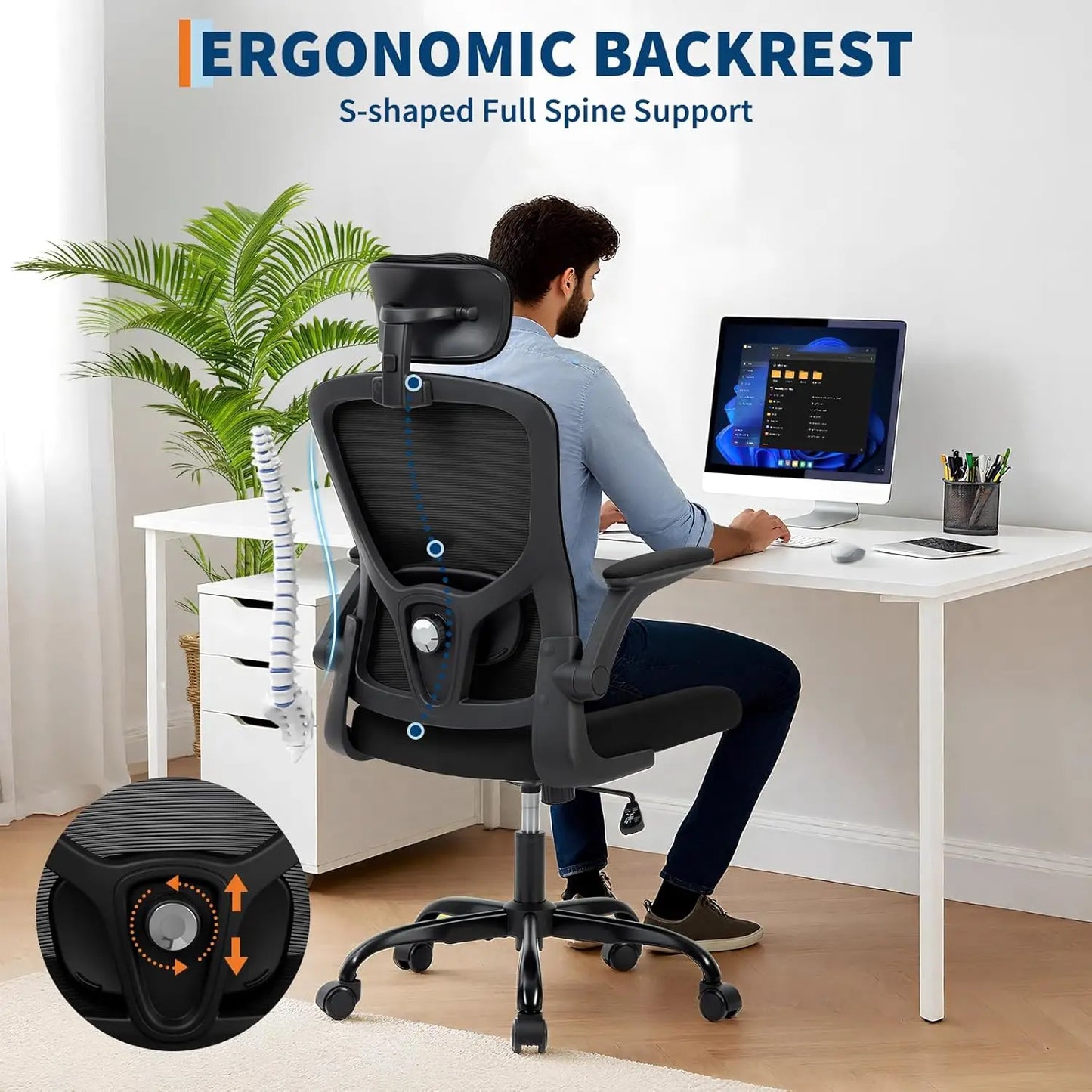 HobbyLane Ergonomic Office Chair With High Back Mesh And Adjustable Headrest For All Day Comfort And Lumbar Support