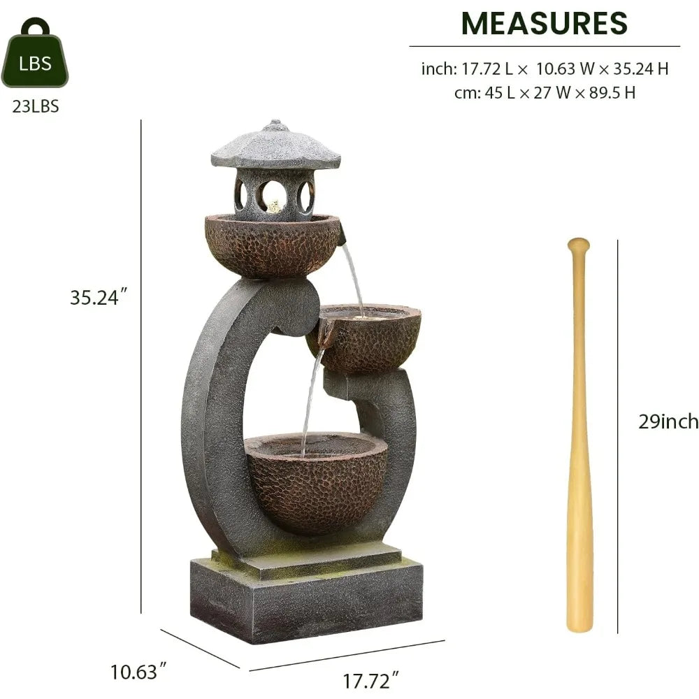 Outdoor Garden Zen Pagoda Water Fountain With LED Lights And Quiet Pump For Patios And Gardens