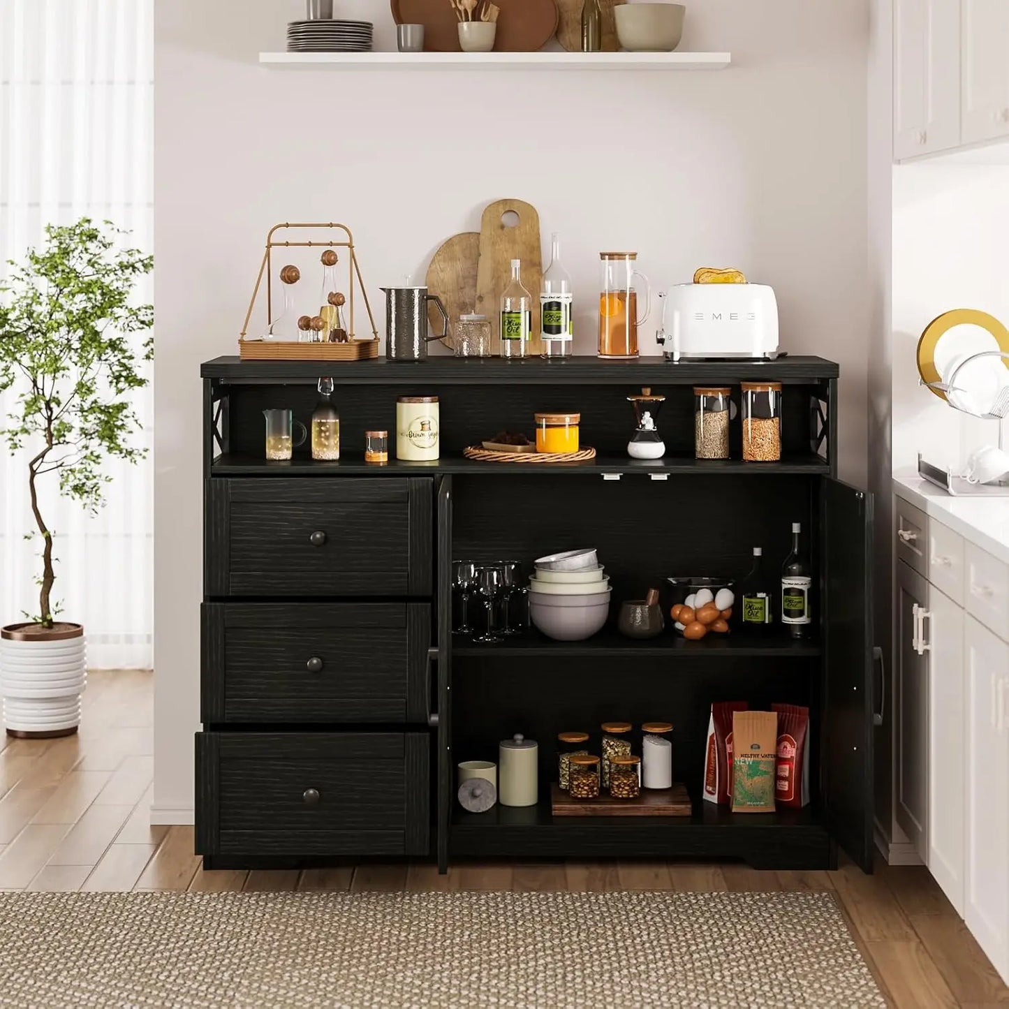 Vabches Buffet Cabinet Wooden Sideboard Drawers And Storage