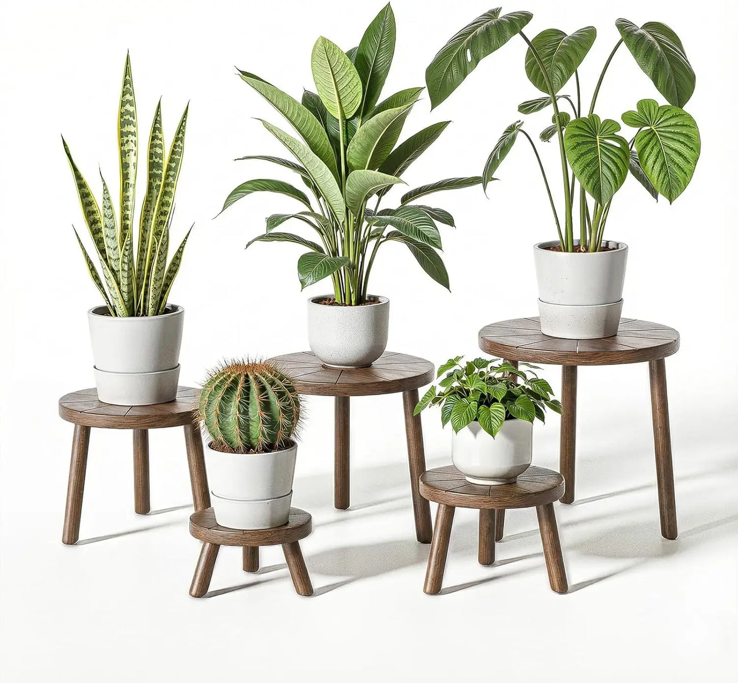 Wooden Plant Stand Set For Indoor Plants, Modern Design, Five Piece, Carbonized Pine In Rich Brown Finish