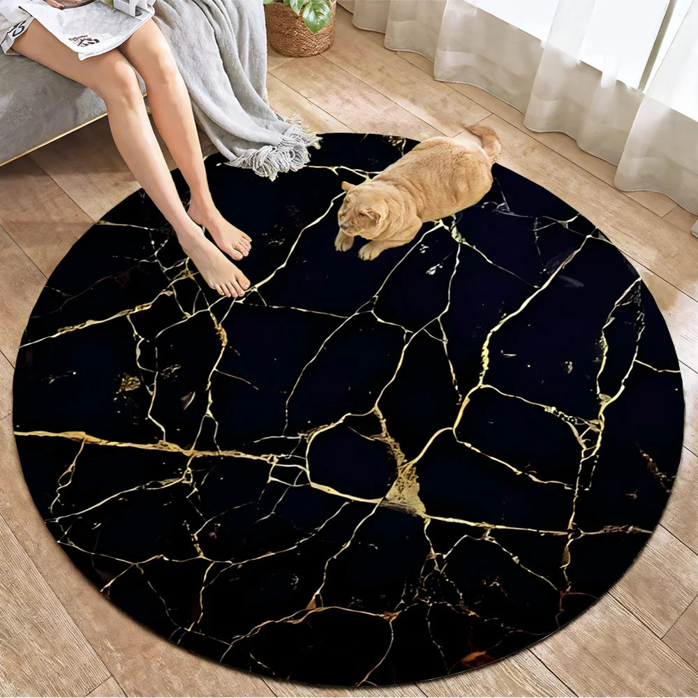 Black Gold Marble Vein Round Rug Flannel Modern Luxury Mat 100 Percent Polyester Soft Anti Static Surface