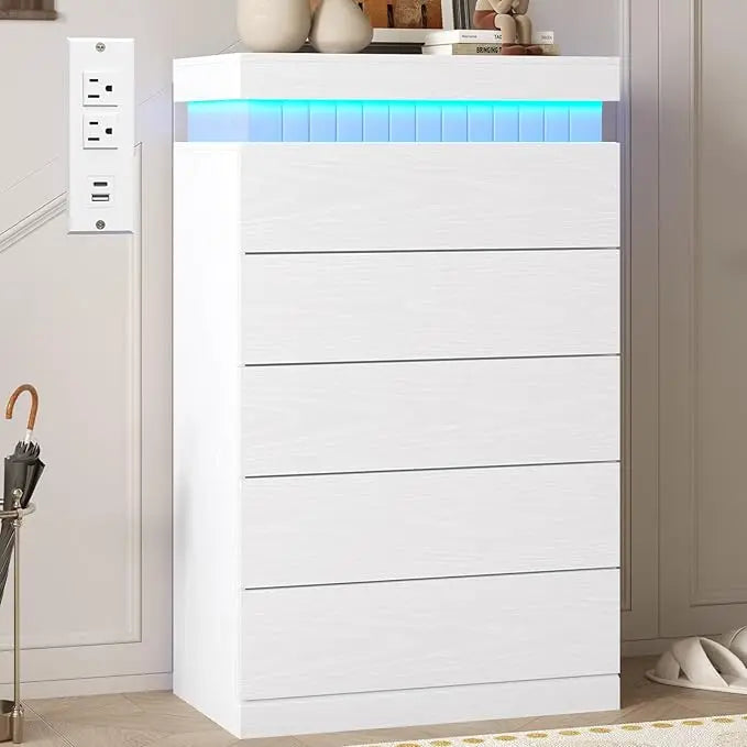 XMSJ Modern 5 Drawer Dresser With LED Light And Outlet