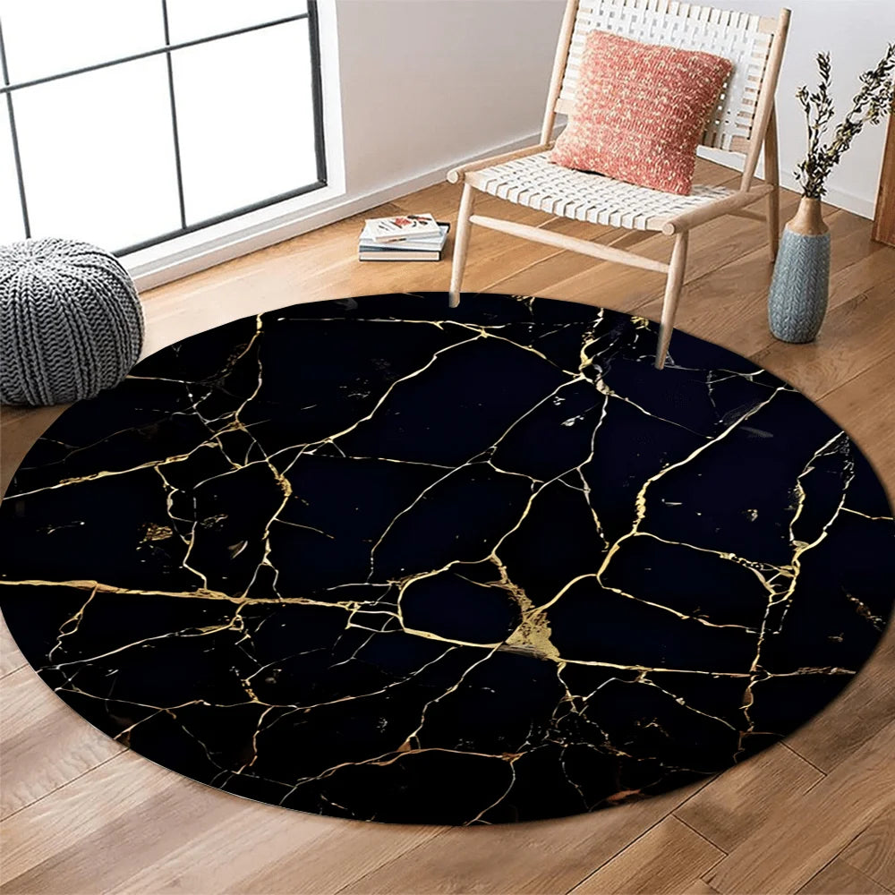 Black Gold Marble Vein Round Rug Flannel Modern Luxury Mat 100 Percent Polyester Soft Anti Static Surface