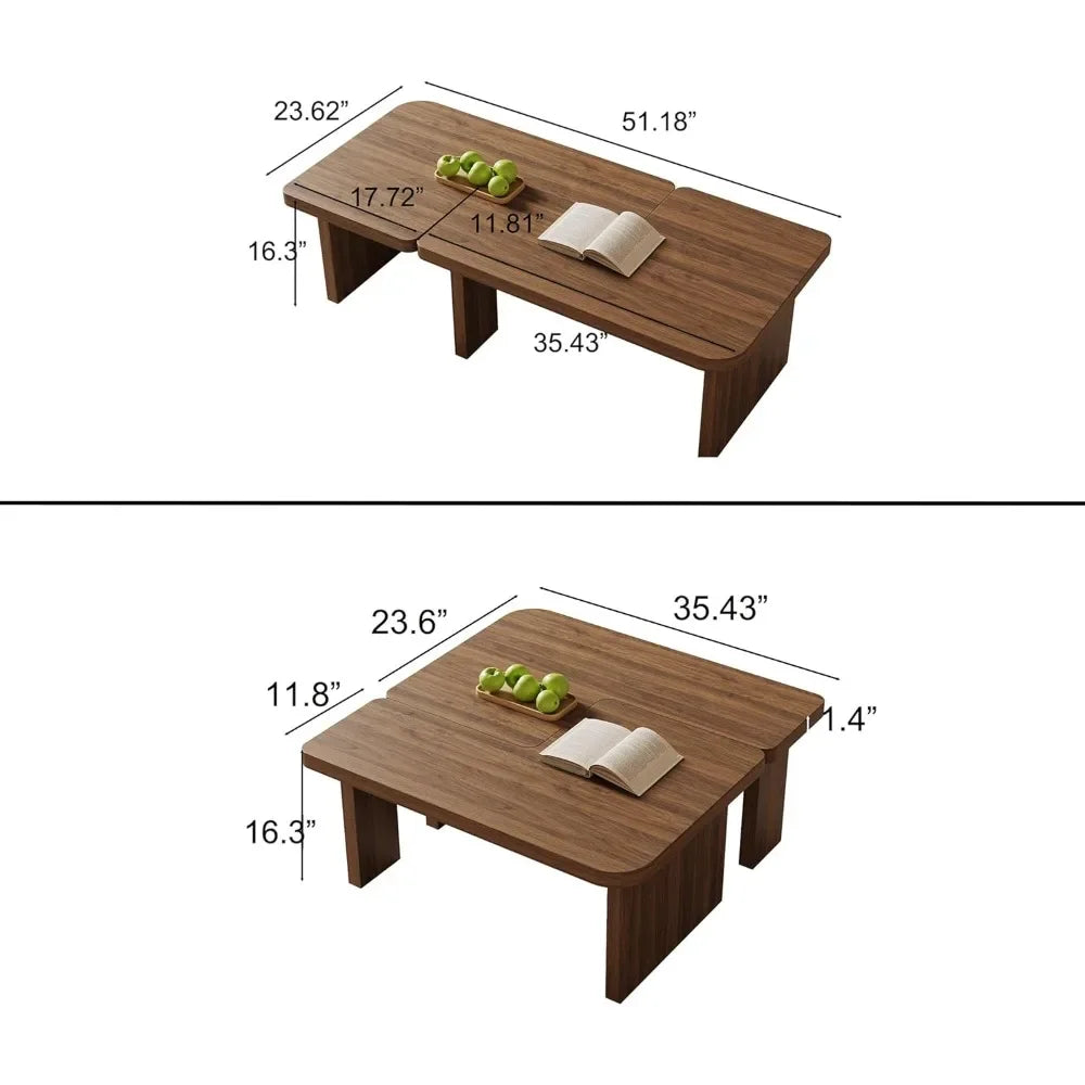 General Use Modular Mid Century Modern Wood Coffee Table with Configurable Rectangle or Square Layout