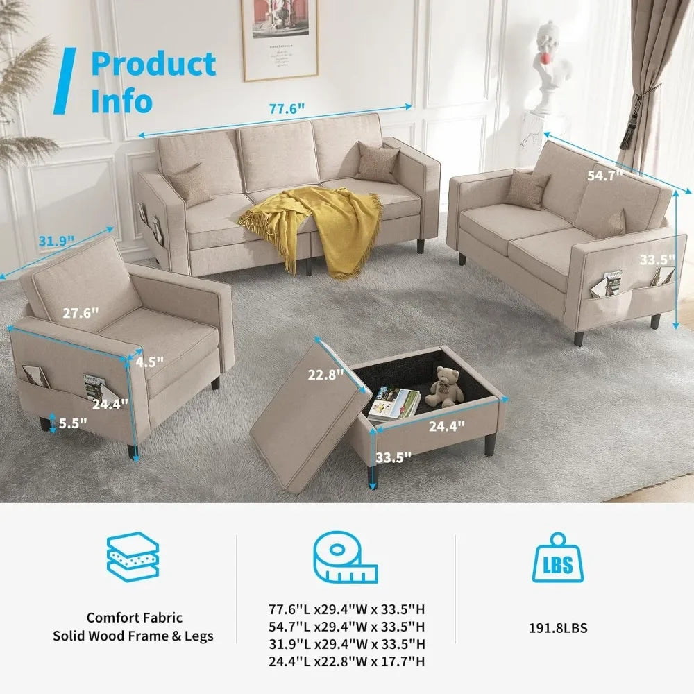 Combination L Shaped Sectional Sofa Set With Ottoman And Storage Seats Up To Six