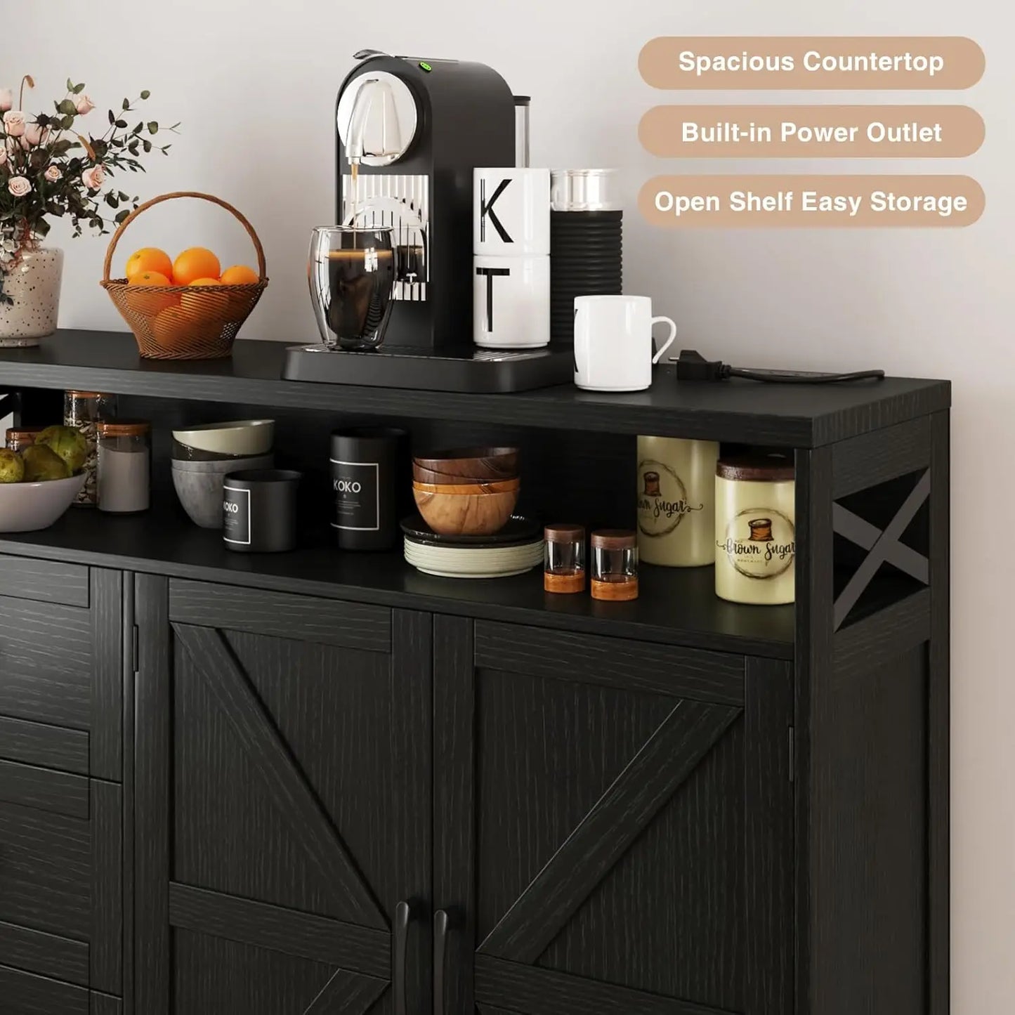 Vabches Buffet Cabinet Wooden Sideboard Drawers And Storage