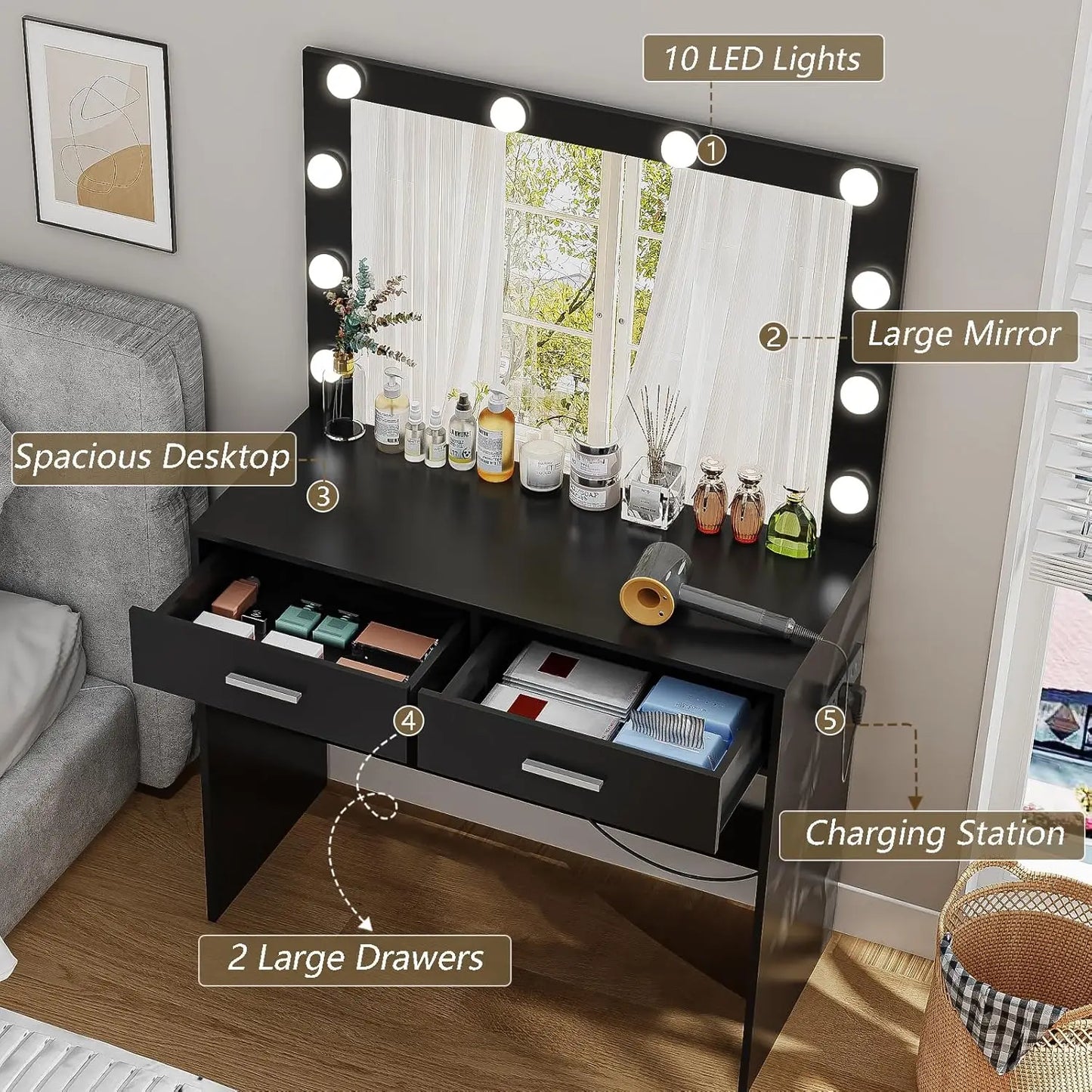 XMSJH Vanity Desk With Large Lighted Mirror And 10 Lights