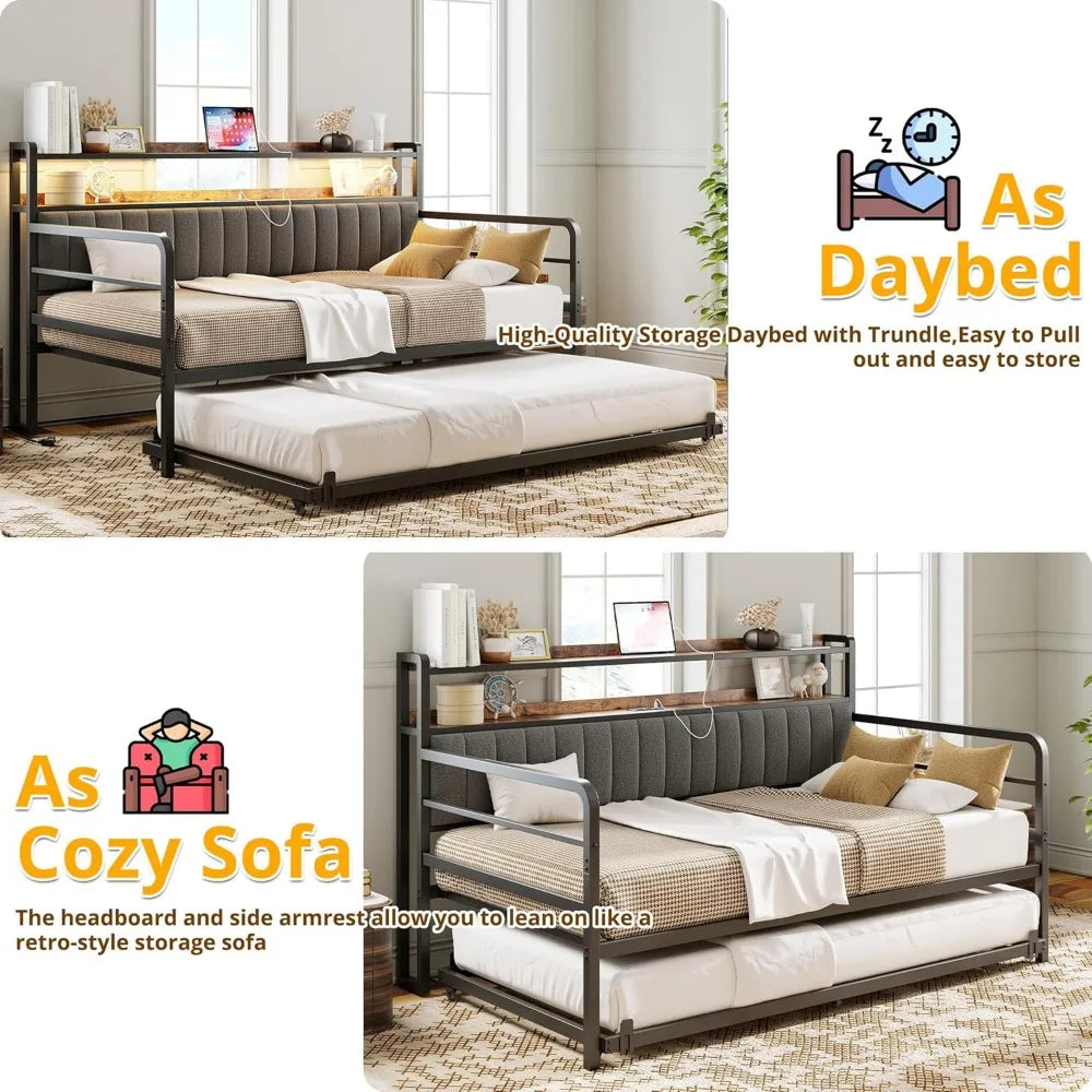 Twin Daybed With Trundle LED Lights And Charging Station