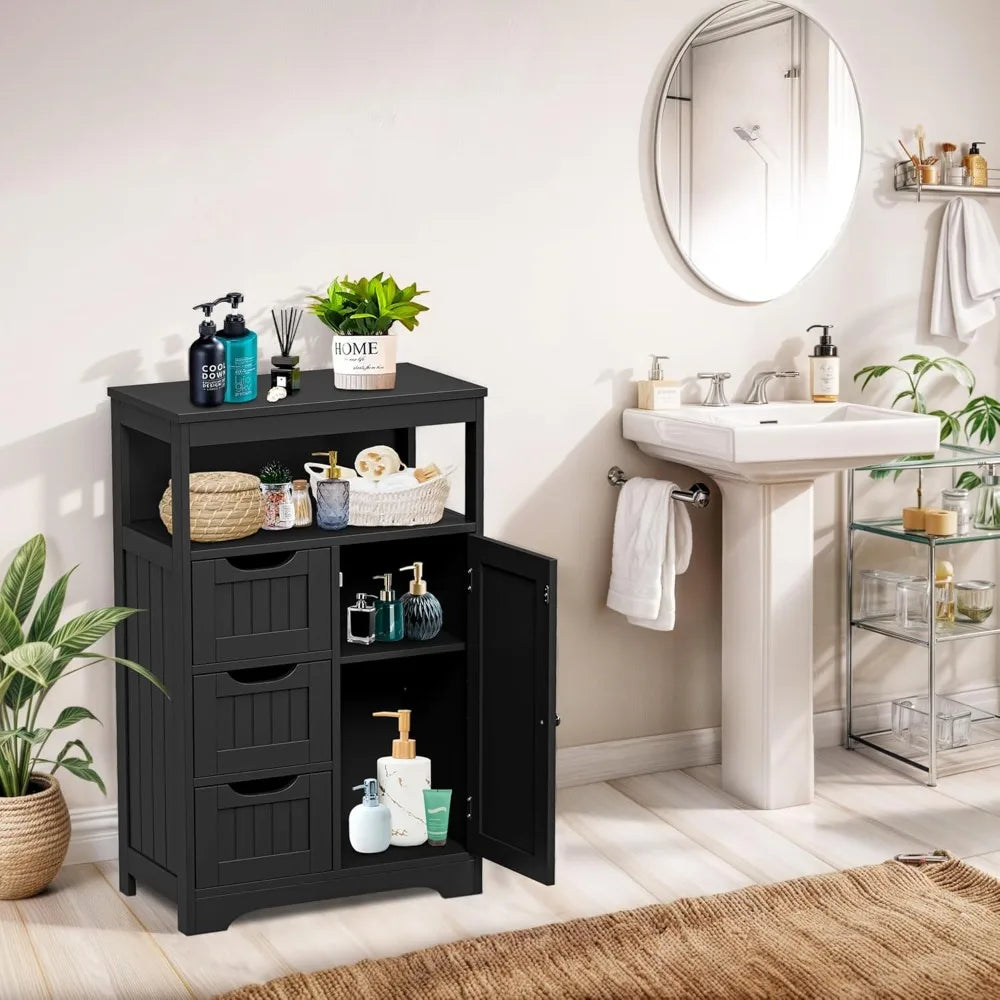 Black Bathroom Floor Cabinet Storage Organizer With 1 Door And 3 Drawers And Adjustable Shelf
