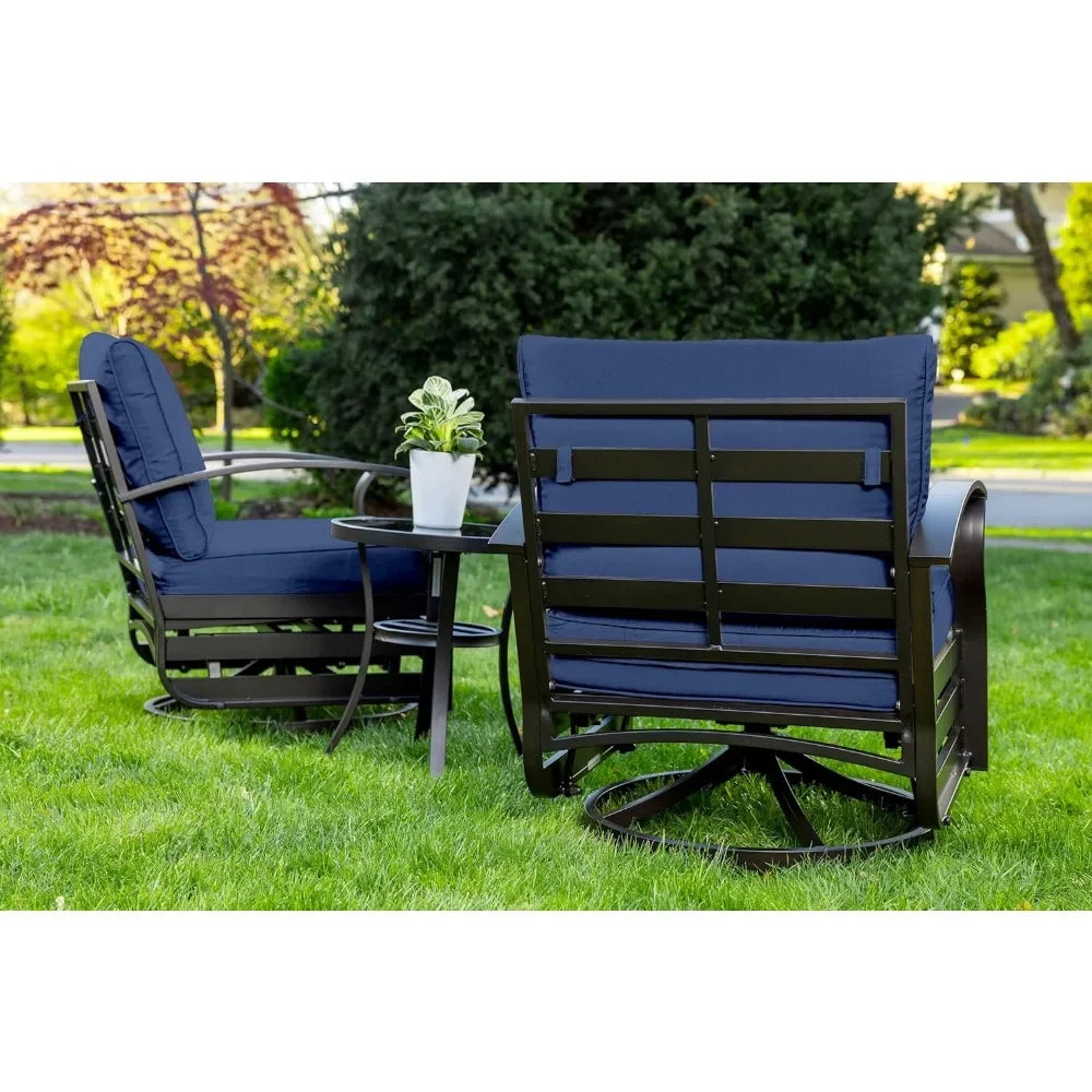 Outdoor Aluminum Patio Set With Swivel Cushioned Chairs And Glass Top Table Three Piece