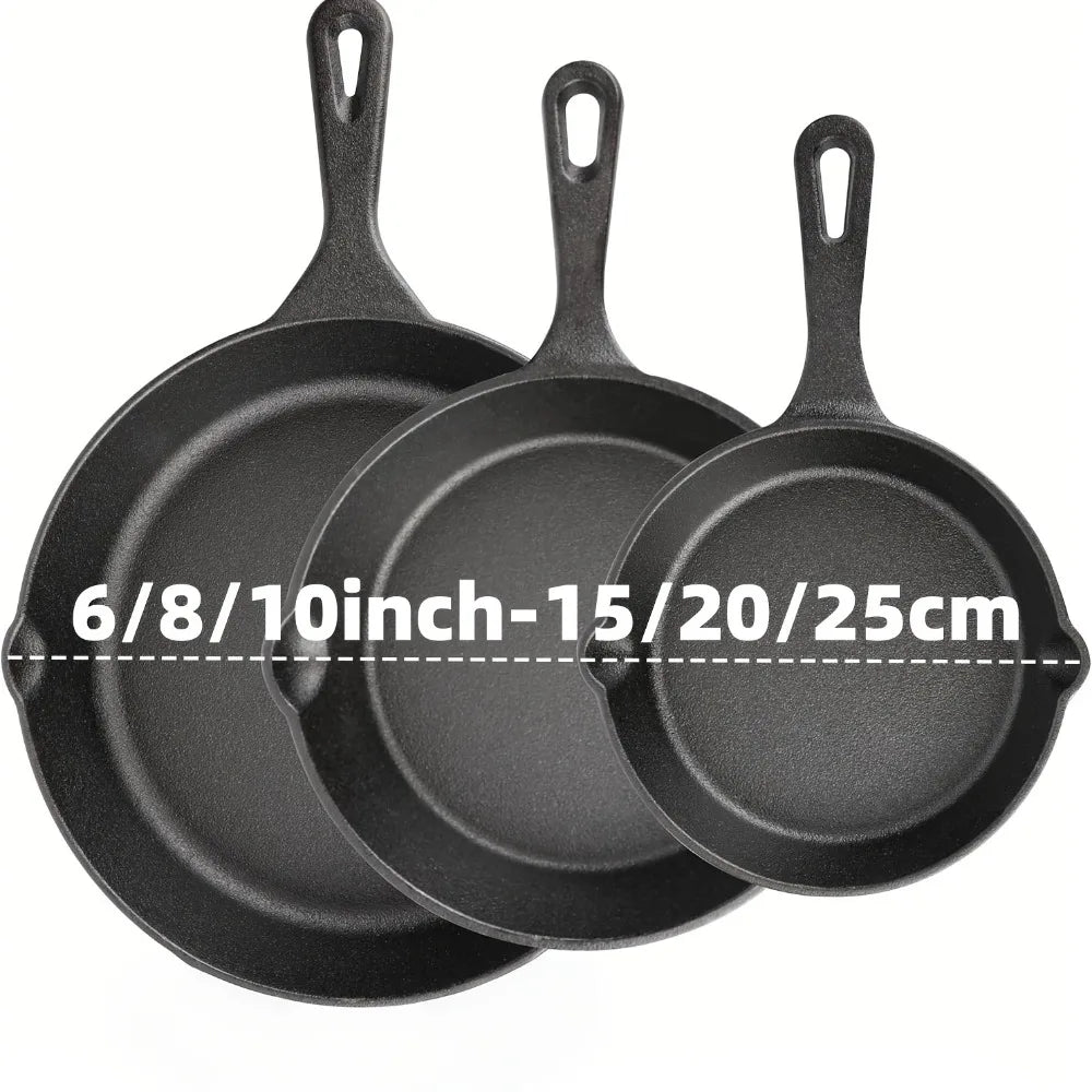 AEDG Three Piece Cast Iron Skillet Set Preseasoned Nonstick 6 Inch 8 Inch 10 Inch Pans
