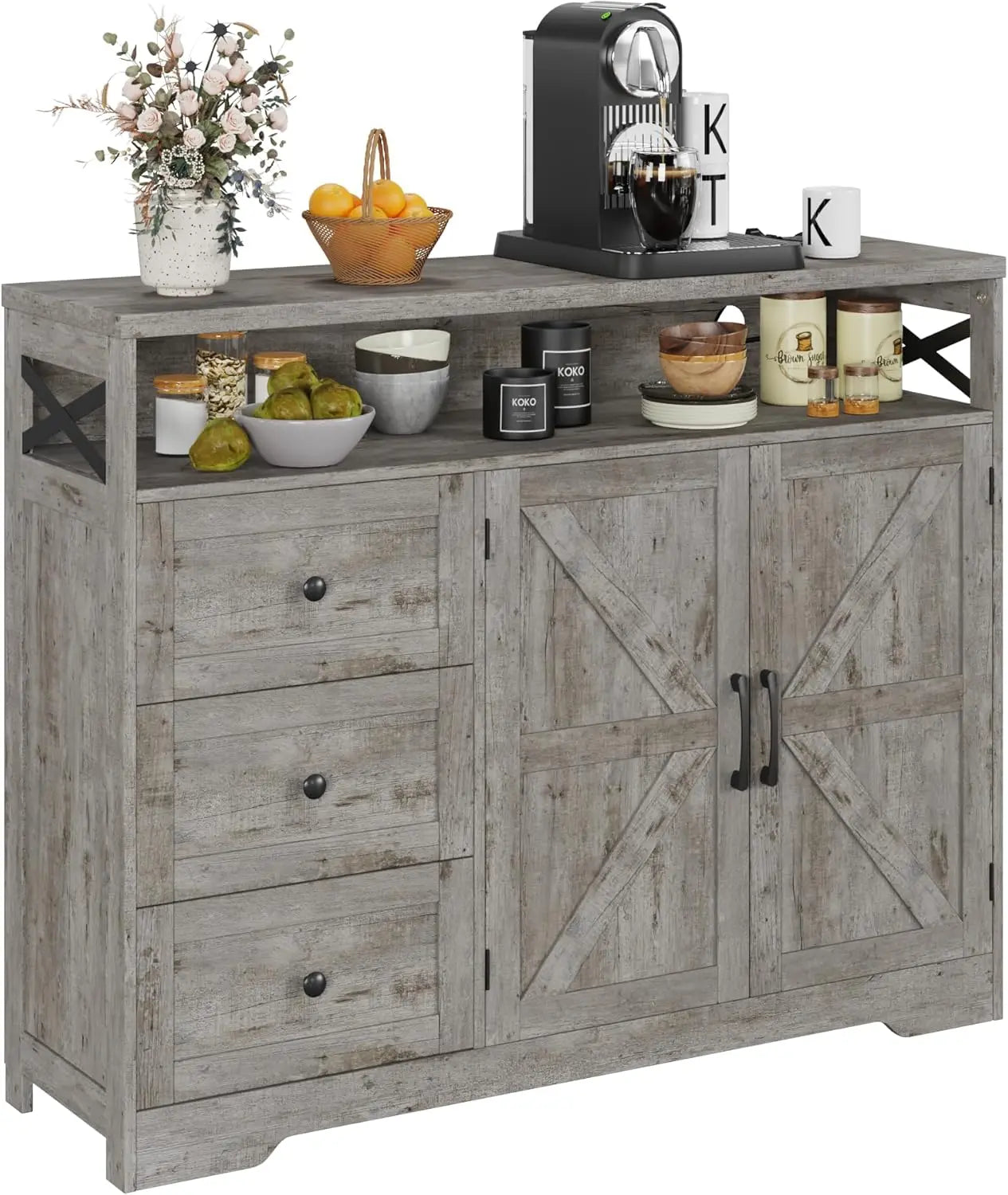 Vabches Buffet Cabinet Wooden Sideboard Drawers And Storage
