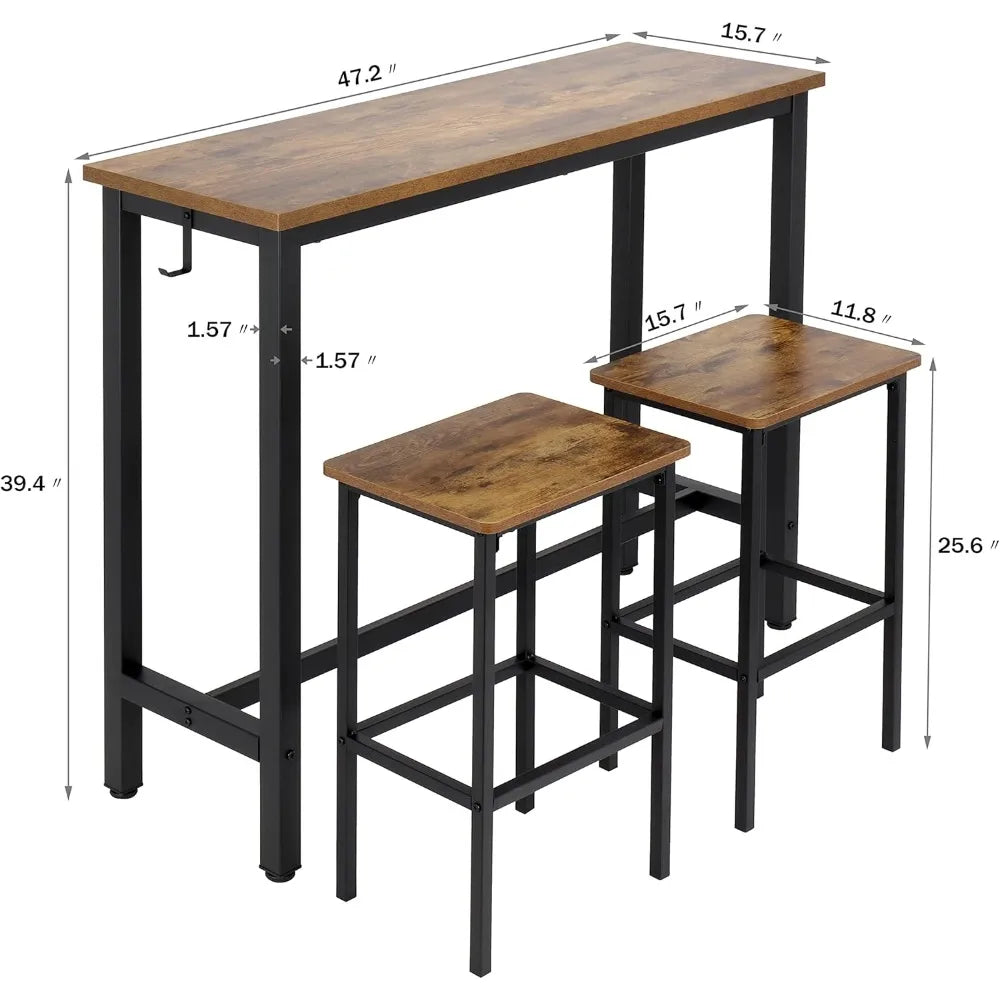 Industrial Grade Space Saving 47 Inch Rectangular Counter Height Bar Table Set With Two Stools Ultralight Durable Premium