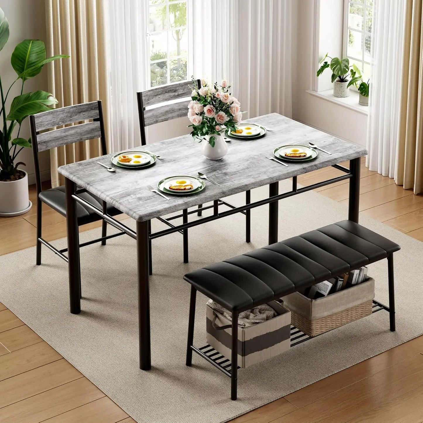Ironck Four Piece Dining Table Set for Small Space with Upholstered Bench Metal and Engineered Wood