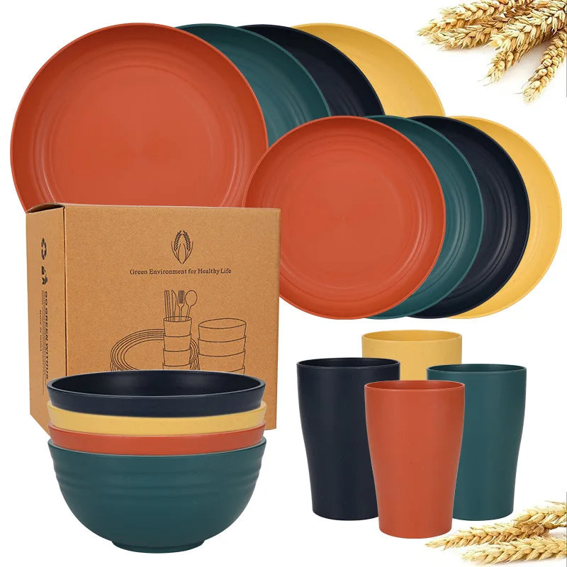Natural Wheat Straw Tableware Set Plates Bowls Cups Biodegradable Lightweight Eco Friendly Dinnerware