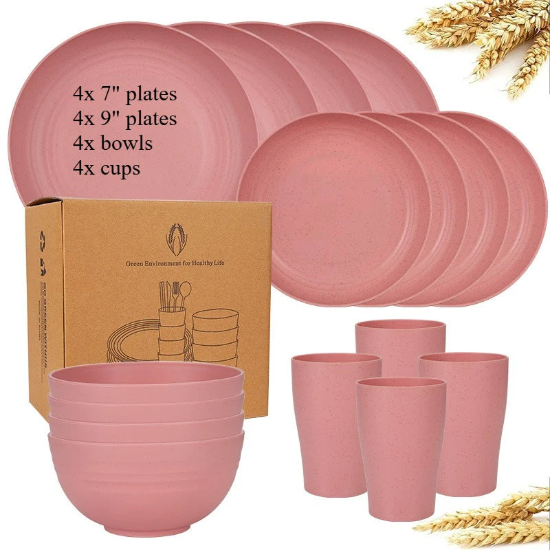 Natural Wheat Straw Tableware Set Plates Bowls Cups Biodegradable Lightweight Eco Friendly Dinnerware