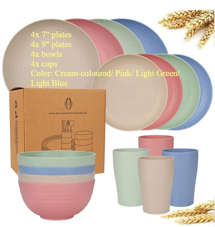 Natural Wheat Straw Tableware Set Plates Bowls Cups Biodegradable Lightweight Eco Friendly Dinnerware