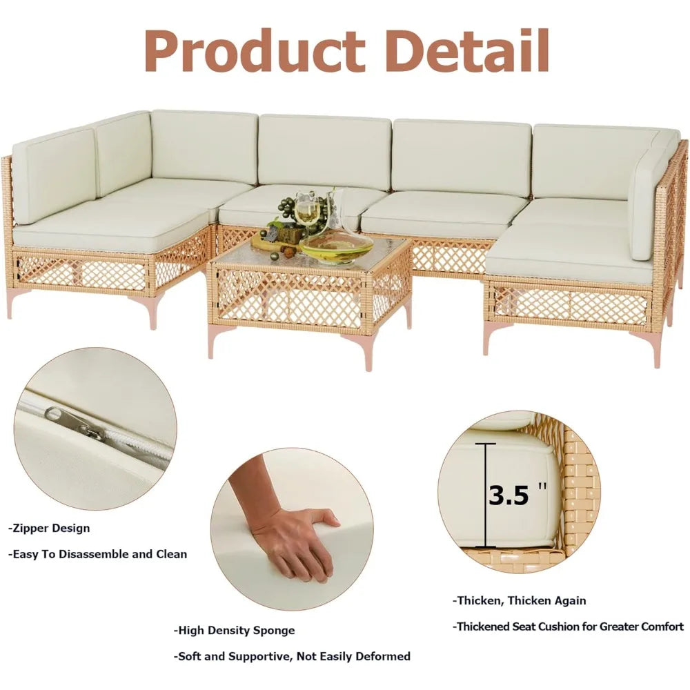 Outdoor Wicker Patio Sectional Set With Tempered Glass Coffee Table For All Weather Relaxation