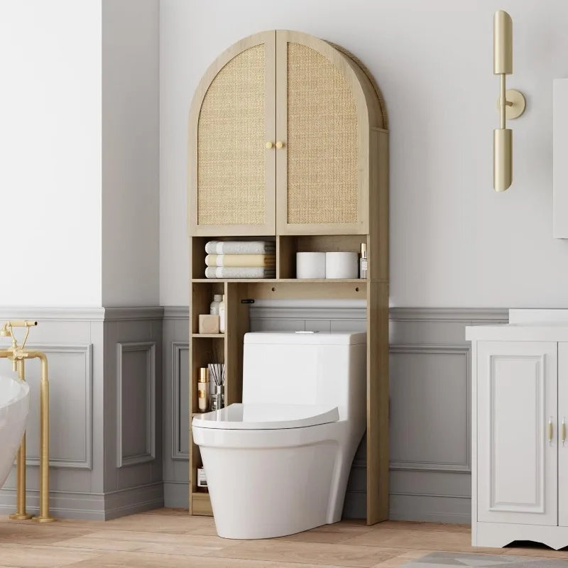 Over The Toilet Storage Cabinet With Rattan Doors Arch Design For Bathroom Organization