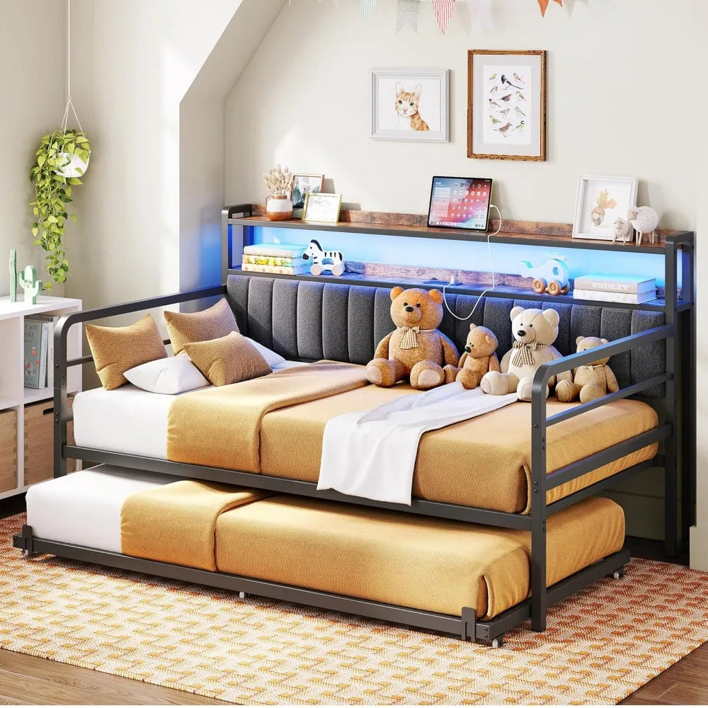 Twin Daybed With Trundle LED Lights And Charging Station