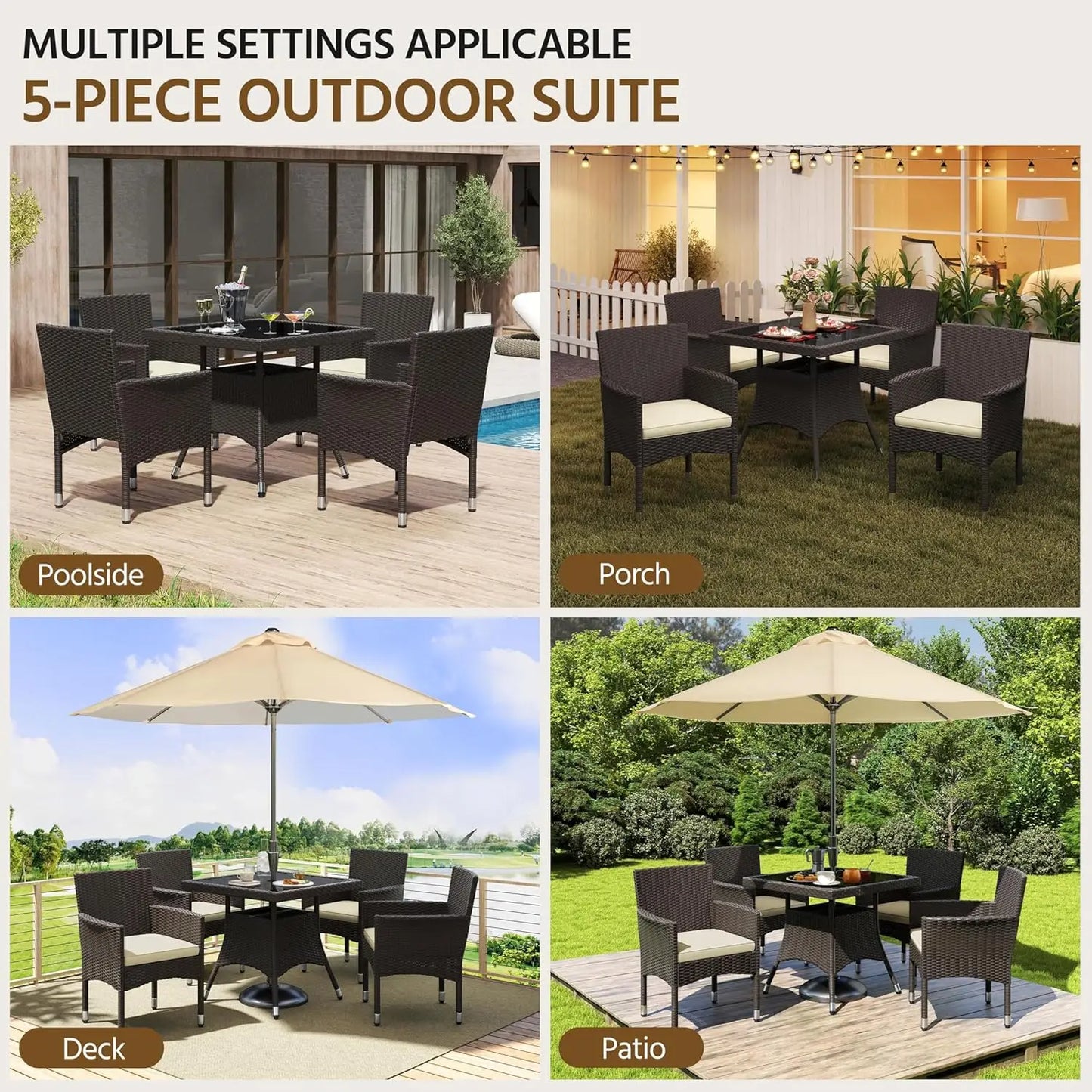 XMSJH Outdoor Rattan 5 Piece Patio Dining Set Glass Table