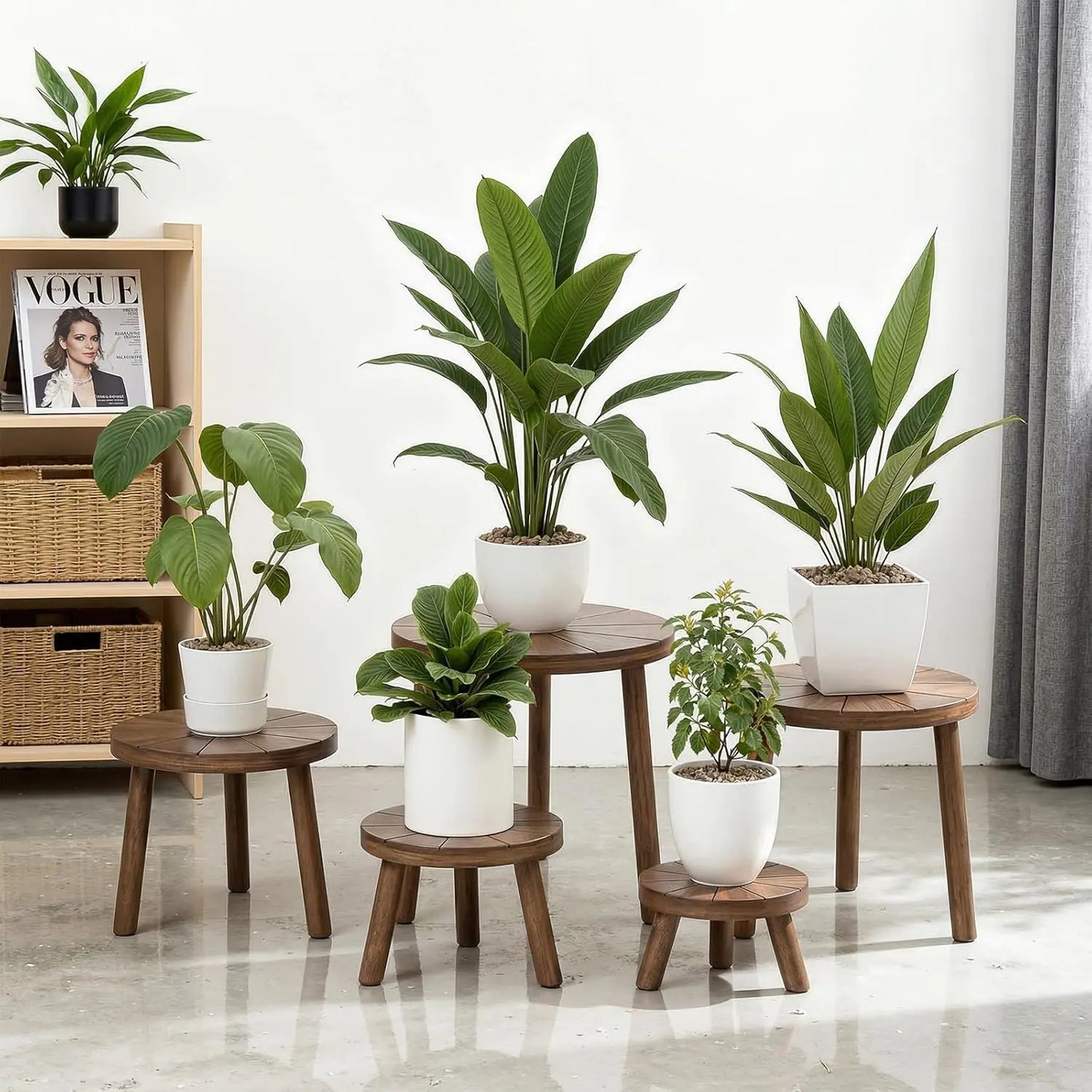Wooden Plant Stand Set For Indoor Plants, Modern Design, Five Piece, Carbonized Pine In Rich Brown Finish