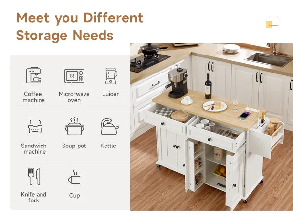 58 Inch Mobile Kitchen Island Cart With Drop Leaf And Power Outlet For Flexible Cooking Prep And Storage