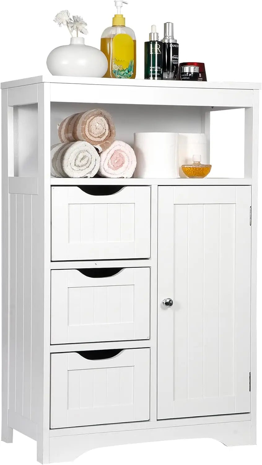 Black Bathroom Floor Cabinet Storage Organizer With 1 Door And 3 Drawers And Adjustable Shelf