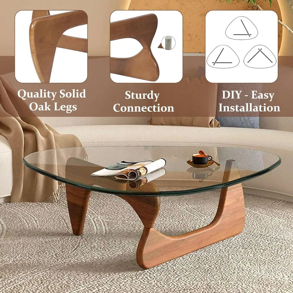 Modern Triangle Glass Coffee Table With Wooden Base From Folded Featuring Tempered Glass Top For Modern Living Rooms
