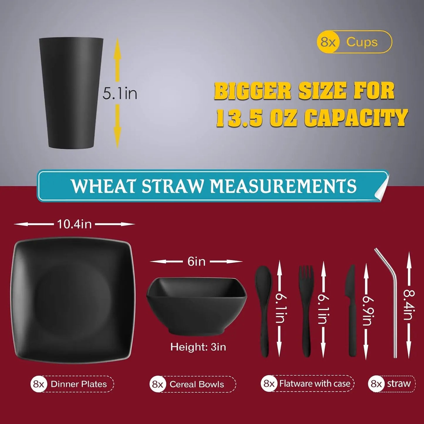 Unbreakable Wheat Straw 56 Piece Dinnerware Set for 8 with Flatware and Stainless Steel Straws