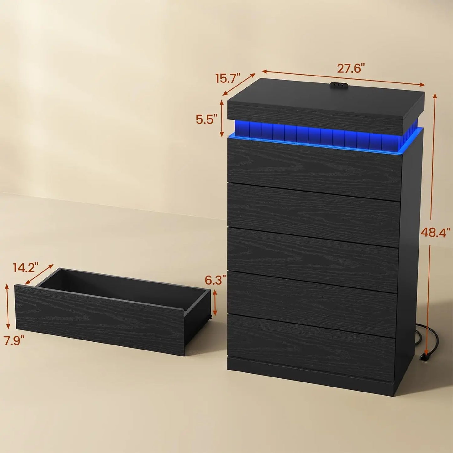 XMSJ Modern 5 Drawer Dresser With LED Light And Outlet