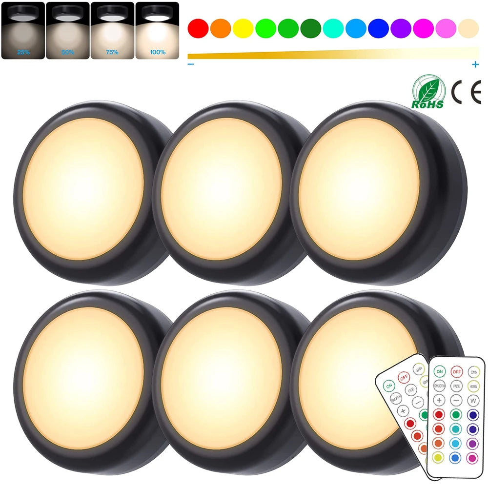 JGTC RGBW LED Puck Lights Under Cabinet With Remote Control 16 Color Schemes Dimmable Brightness