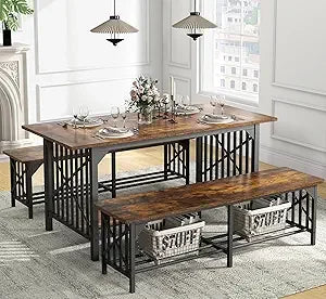 YANYING Rustic Industrial 3 Piece Dining Table Set Benches