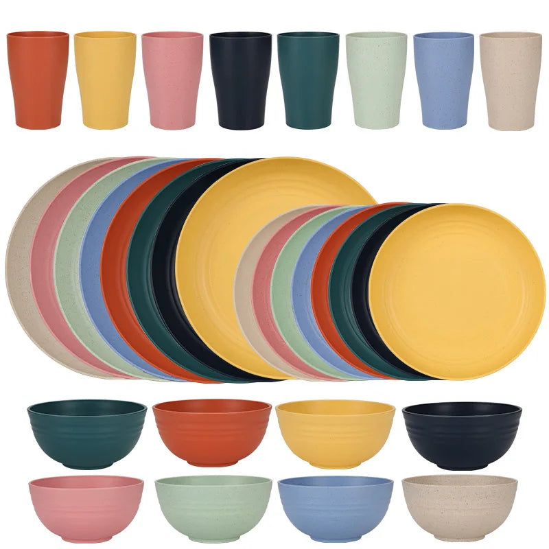 Natural Wheat Straw Tableware Set Plates Bowls Cups Biodegradable Lightweight Eco Friendly Dinnerware