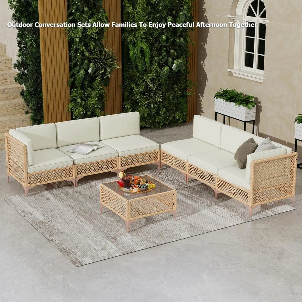 Outdoor Wicker Patio Sectional Set With Tempered Glass Coffee Table For All Weather Relaxation