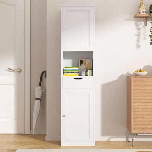 Modern Narrow Bathroom Storage Cabinet With Adjustable Shelves Four Interior Compartments And Drawer
