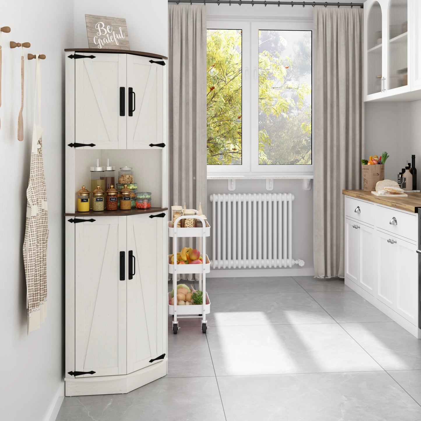 QiaoShiRen Corner Storage Cabinet With Barn Doors Farmhouse