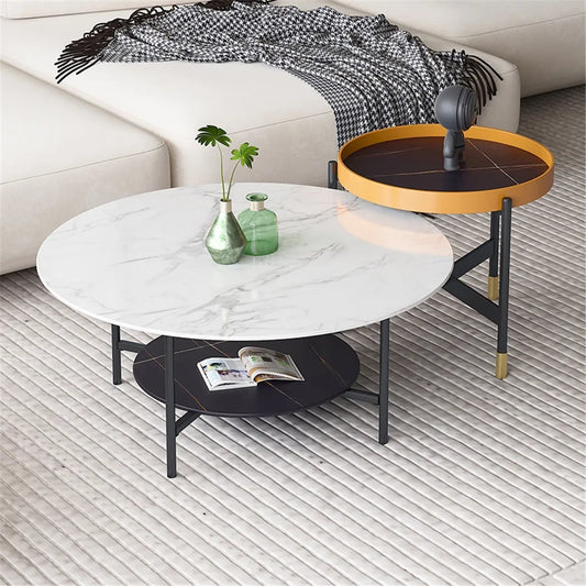 Marble Round Coffee Table With Two Tier Open Storage Center Table And Black Metal Frame