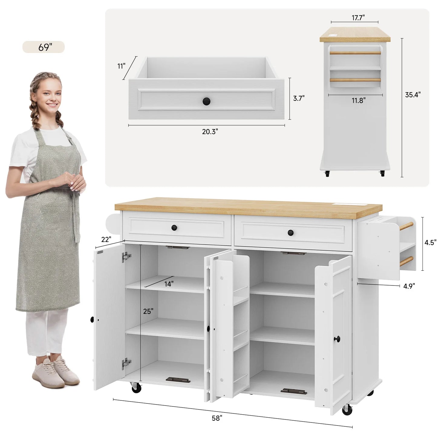 58 Inch Mobile Kitchen Island Cart With Drop Leaf And Power Outlet For Flexible Cooking Prep And Storage