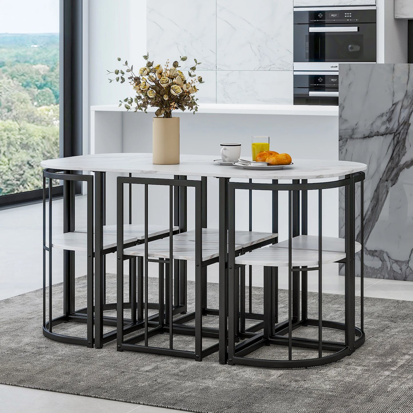 Wavesloop Modern 7 Piece Dining Table Set With Faux Marble