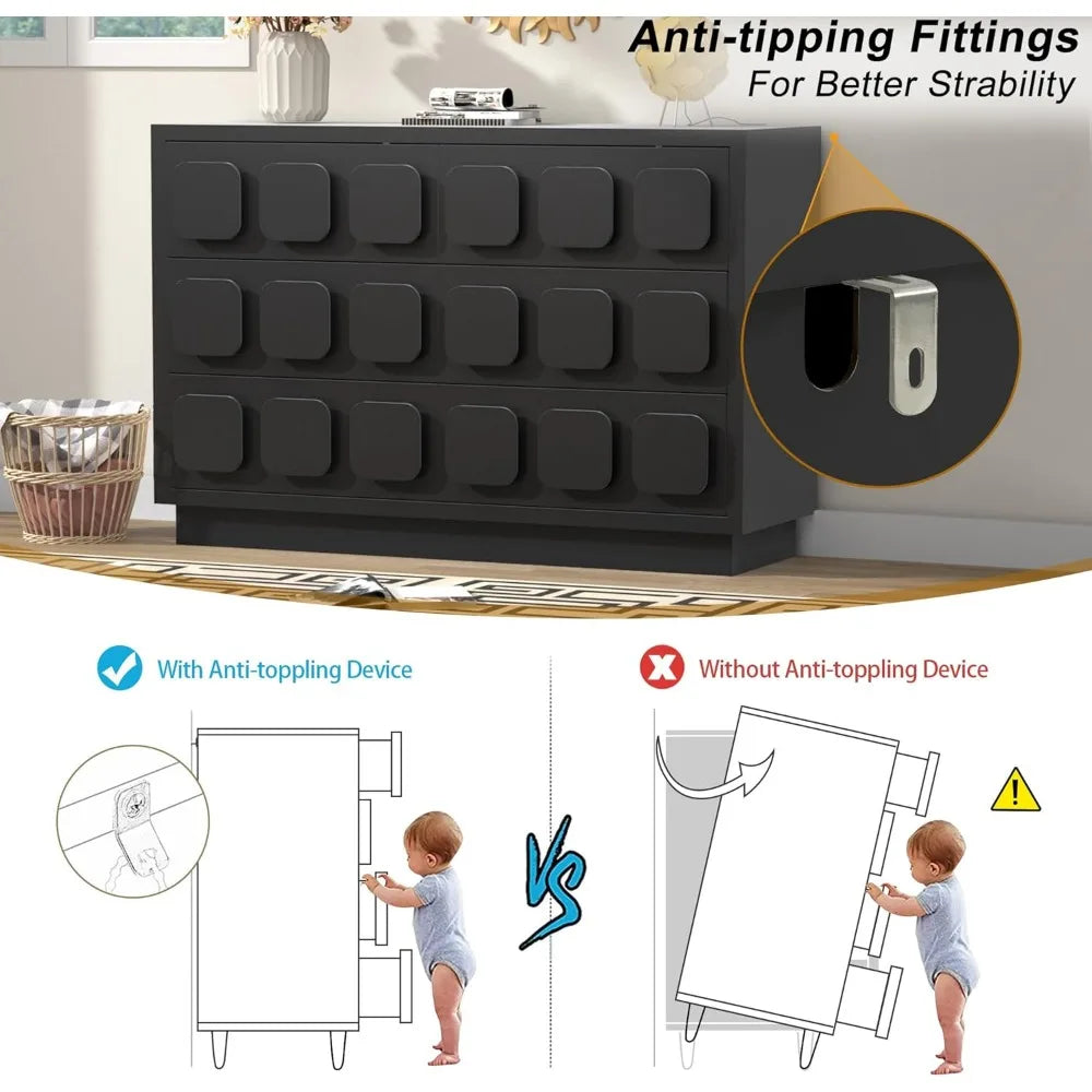 RBXC 3 Piece Bedroom Set With 6 Drawer Dresser And Two Nightstands In Black With Modern Storage