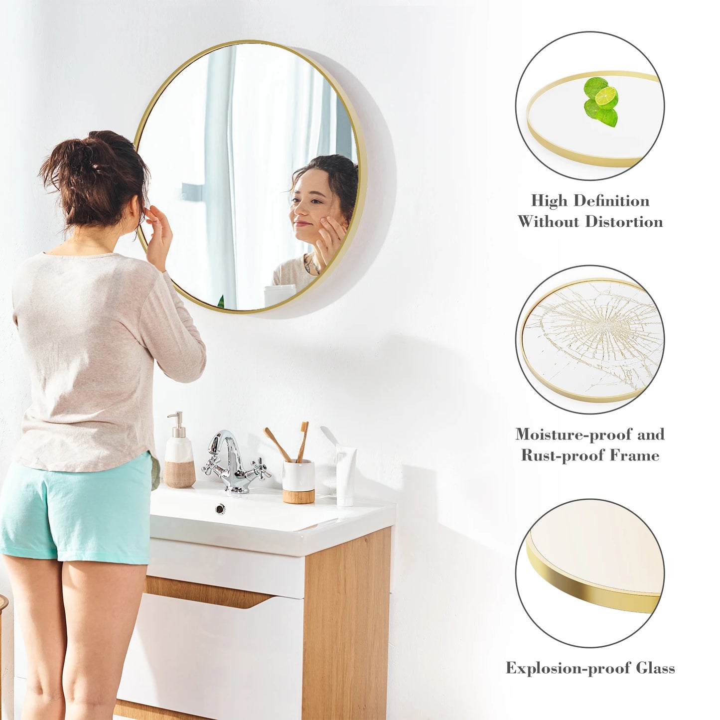 JHK Gold Round Vanity Mirror Matte Metal Framed Wall