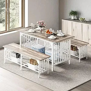 YANYING Rustic Industrial 3 Piece Dining Table Set Benches