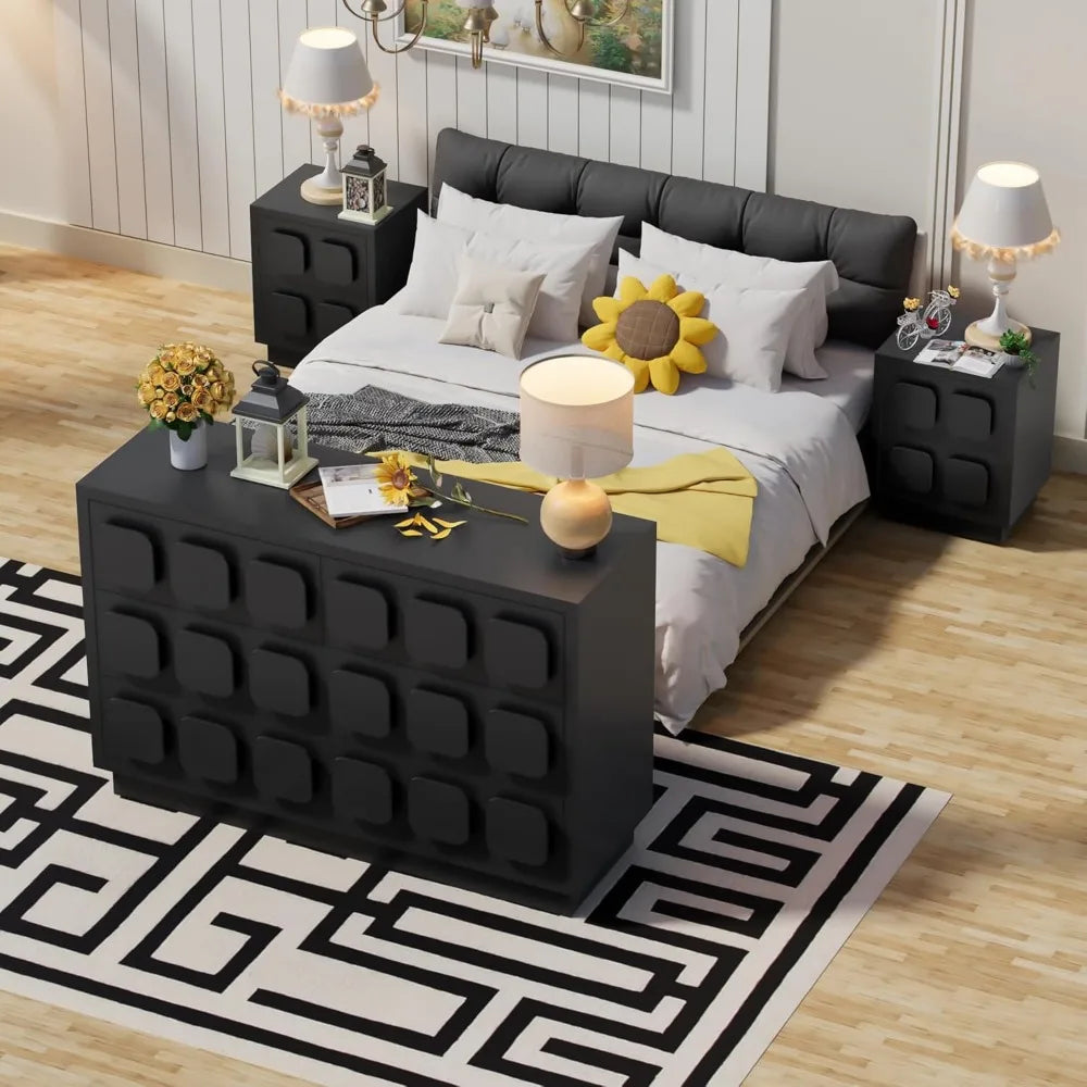 RBXC 3 Piece Bedroom Set With 6 Drawer Dresser And Two Nightstands In Black With Modern Storage