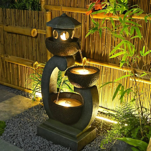 Outdoor Garden Zen Pagoda Water Fountain With LED Lights And Quiet Pump For Patios And Gardens