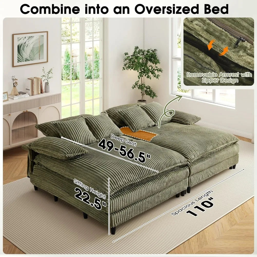 Corduroy Sleeper Sofa Chaise Lounge Chair With 5-Position Backrest