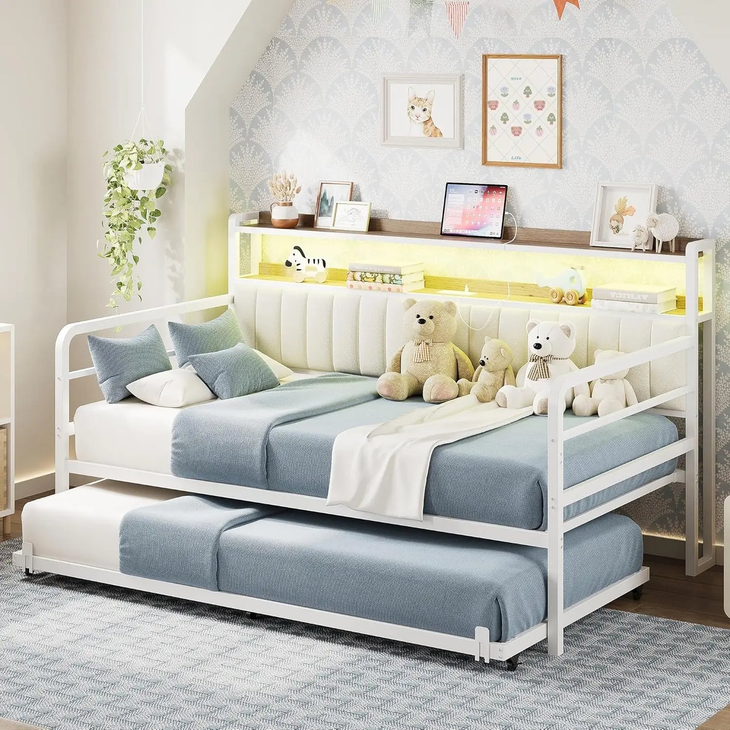 Twin Daybed With Trundle LED Lights And Charging Station