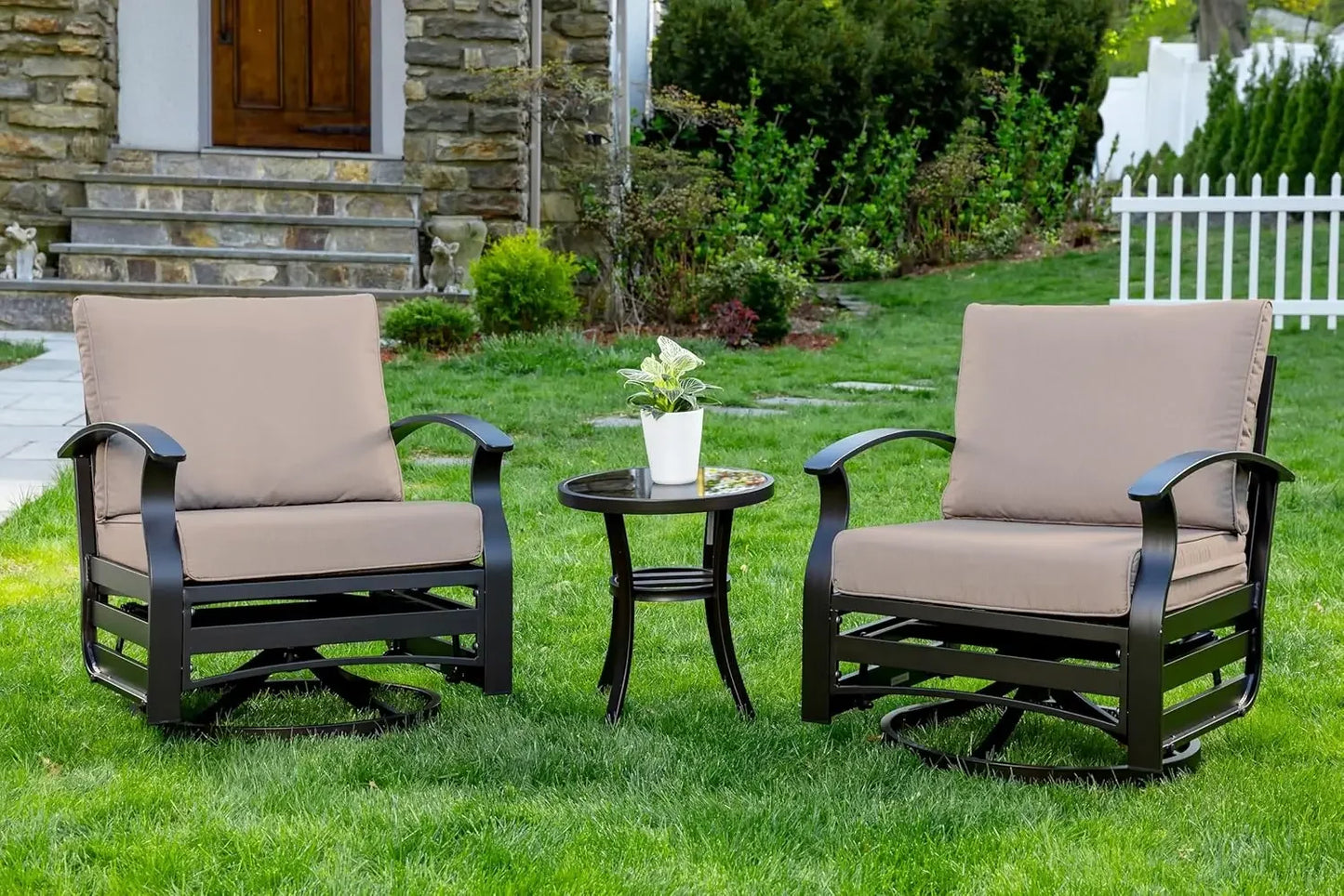 Outdoor Aluminum Patio Set With Swivel Cushioned Chairs And Glass Top Table Three Piece