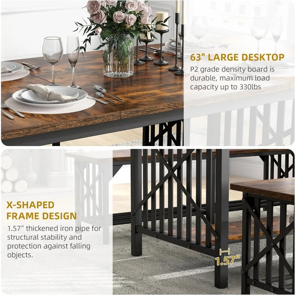 YANYING Rustic Industrial 3 Piece Dining Table Set Benches